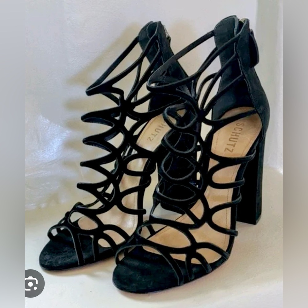 Schutz Ingriditte Suede Cage Sandals Block Heels Back Zipper in Black Size 9